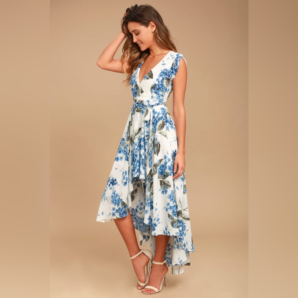 White Floral Print High-Low Dress